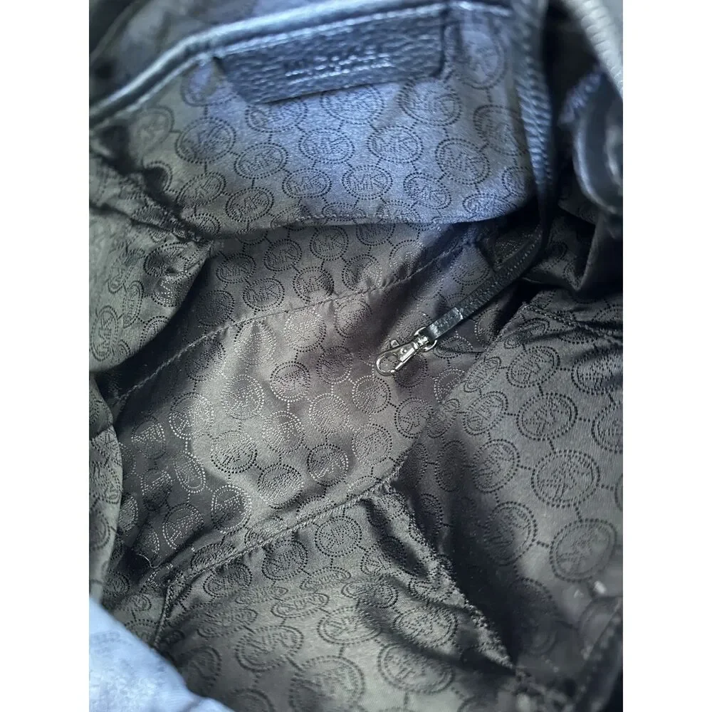 Michael Kors Black Pebbled Leather Hobo Shoulder Bag Silver Hardware MK Charm